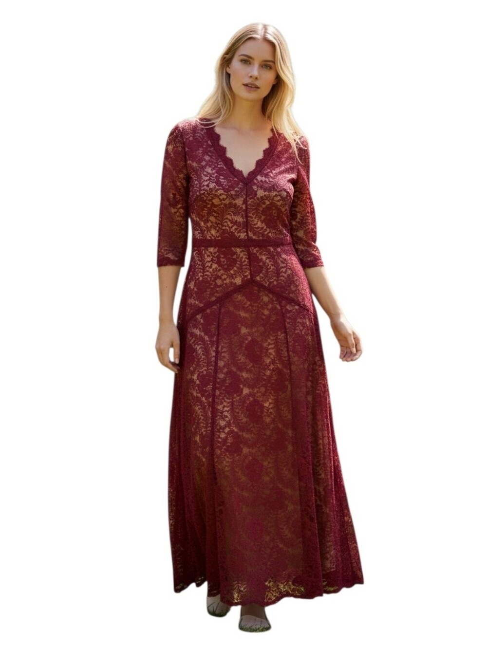 NWT Miusol Burgundy Lace Maxi Dress with Scalloped V-Neck XL Formal Lace Overlay